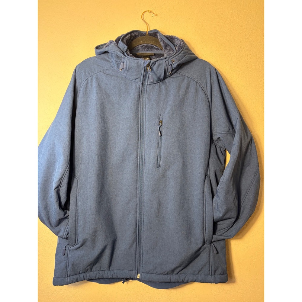 Kirkland Signature Men's XL Blue Softshell Jacket Hooded Faux Fur Fleece Lined